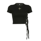 Crewneck short sleeve star applique self tie solid crop top