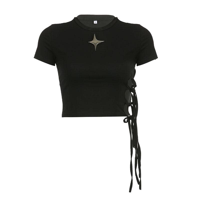 Crewneck short sleeve star applique self tie solid crop top