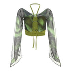 Halter drawstring mesh flared sleeve tie dye 2 piece crop top