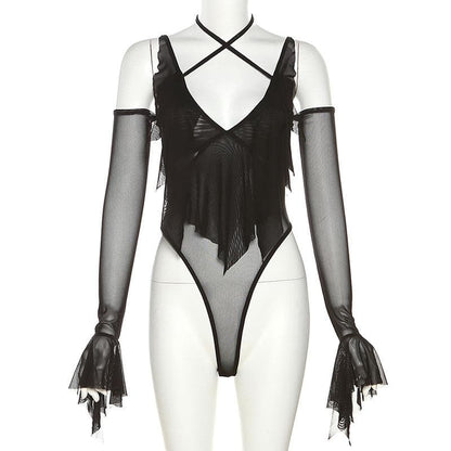 Sheer mesh ruffled v neck cross front long flared sleeve bodysuit