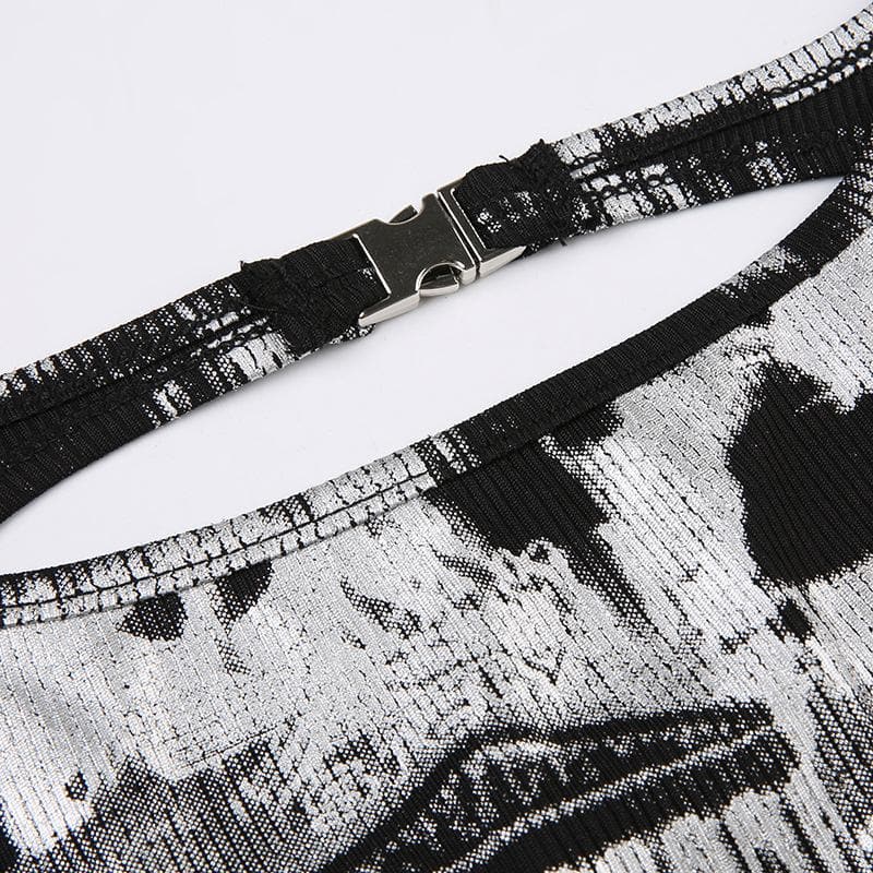 Square neck sleeveless hollow out abstract buckle bodysuit
