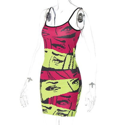 Abstract Print Contrast Backless U Neck Cami Mini Dress