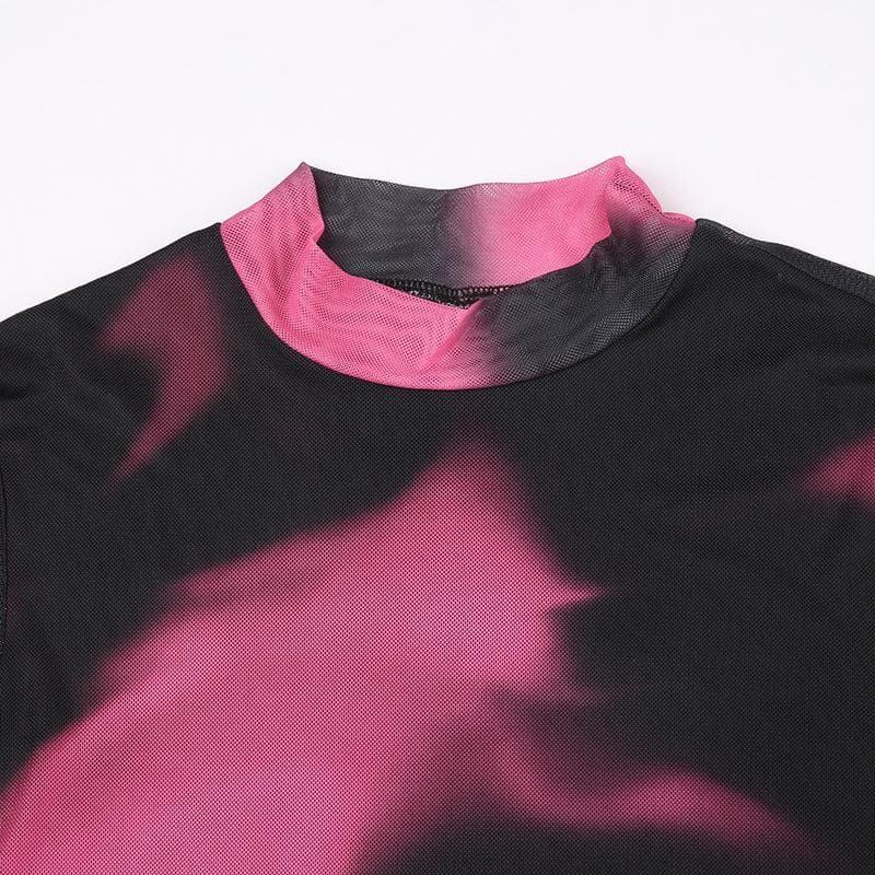 Long sleeve high neck gloves tie dye mesh crop top