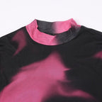 Long sleeve high neck gloves tie dye mesh crop top