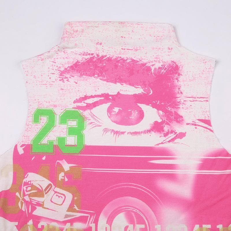 Sleeveless high neck abstract contrast crop top