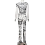 Sheer mesh see through long sleeve button v neck abstract print pant set