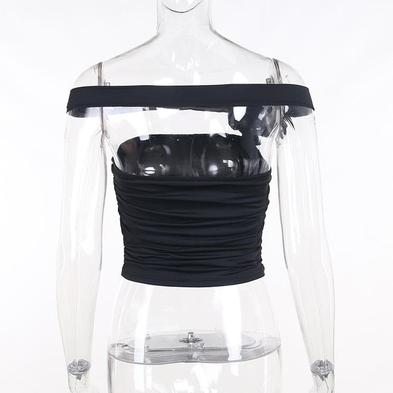 Sleeveless solid off shoulder flower applique ruched tube top - Final Sale