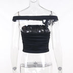 Sleeveless solid off shoulder flower applique ruched tube top - Final Sale