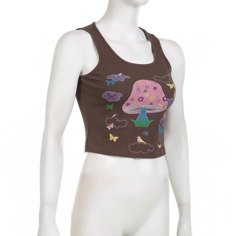 Butterfly pattern u neck contrast sleeveless crop top