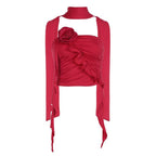 Solid flower applique ruffle ribbon ruched tube crop top