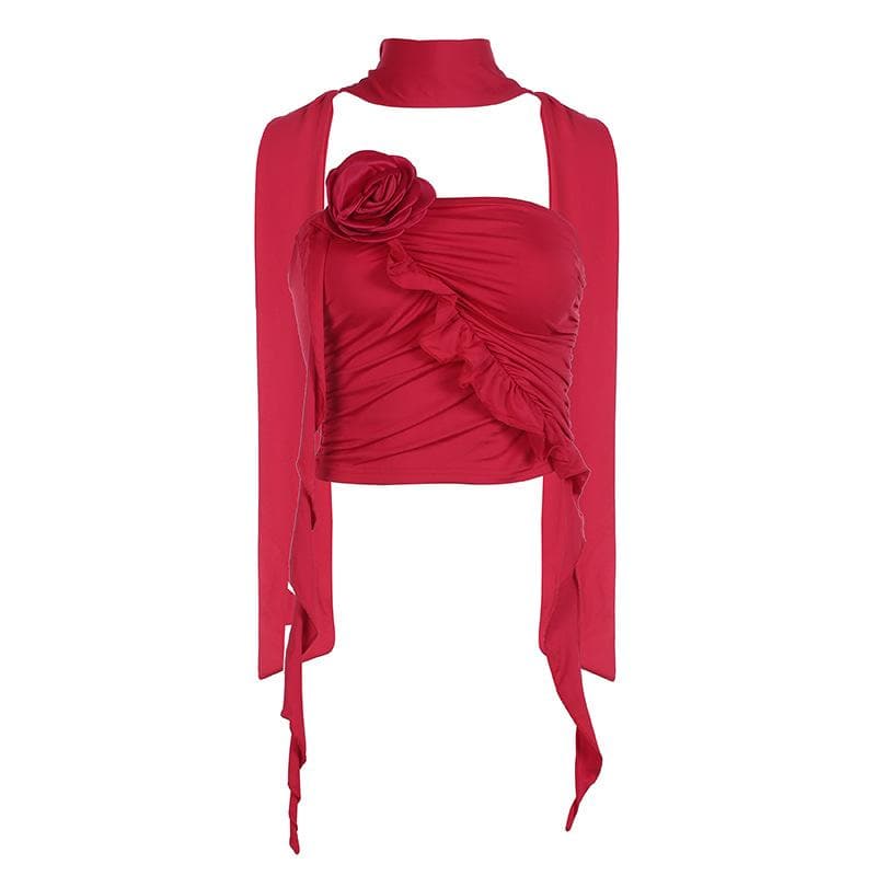 Solid flower applique ruffle ribbon ruched tube crop top