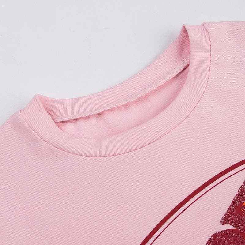 Short sleeve "FUNOFF" pattern contrast crewneck crop top
