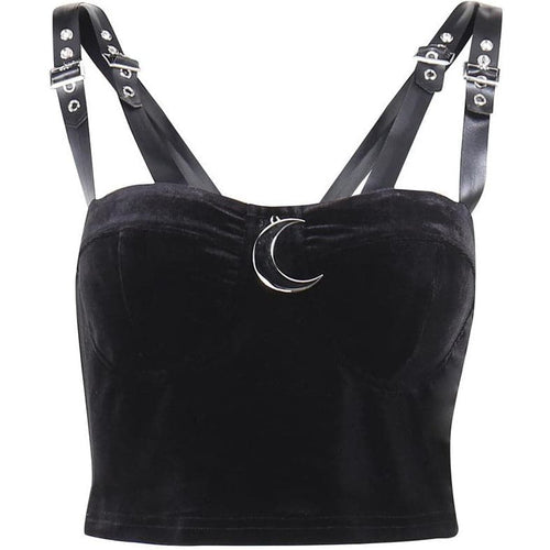 Rückenfreies, tief ausgeschnittenes, einfarbiges Crop-Top aus Samt mit Mond-Applikation und Schnalle