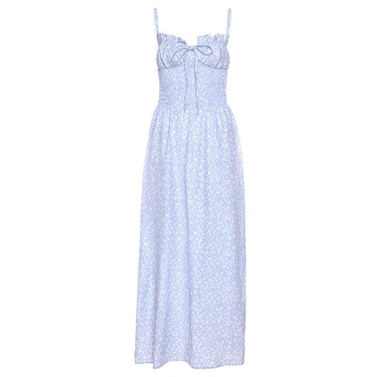 Gesmoktes rückenfreies Maxi-Camisole-Kleid mit Blumenmuster und Kordelzug
