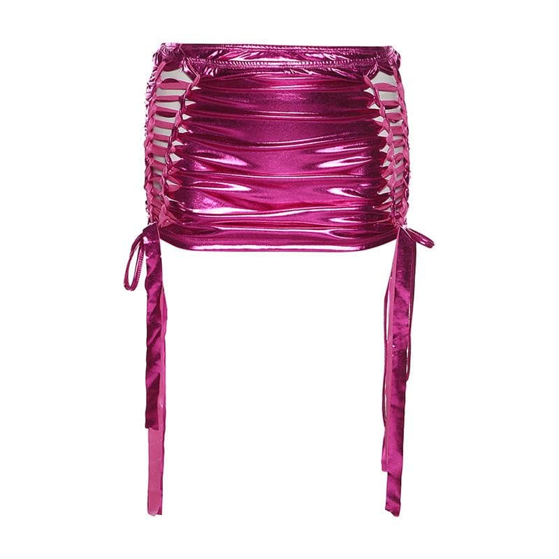 Ruched drawstring hollow out metallic self tie solid mini skirt - Final Sale