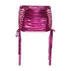 Ruched drawstring hollow out metallic self tie solid mini skirt - Final Sale