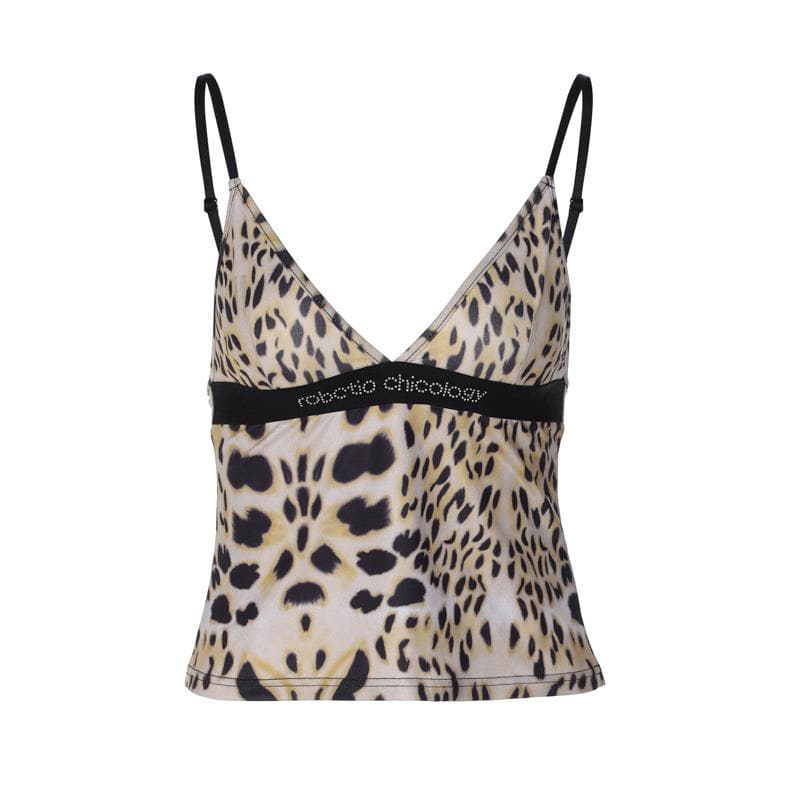 Top canotta con scollo a V e schiena scoperta, patchwork di perline e stampa leopardata 