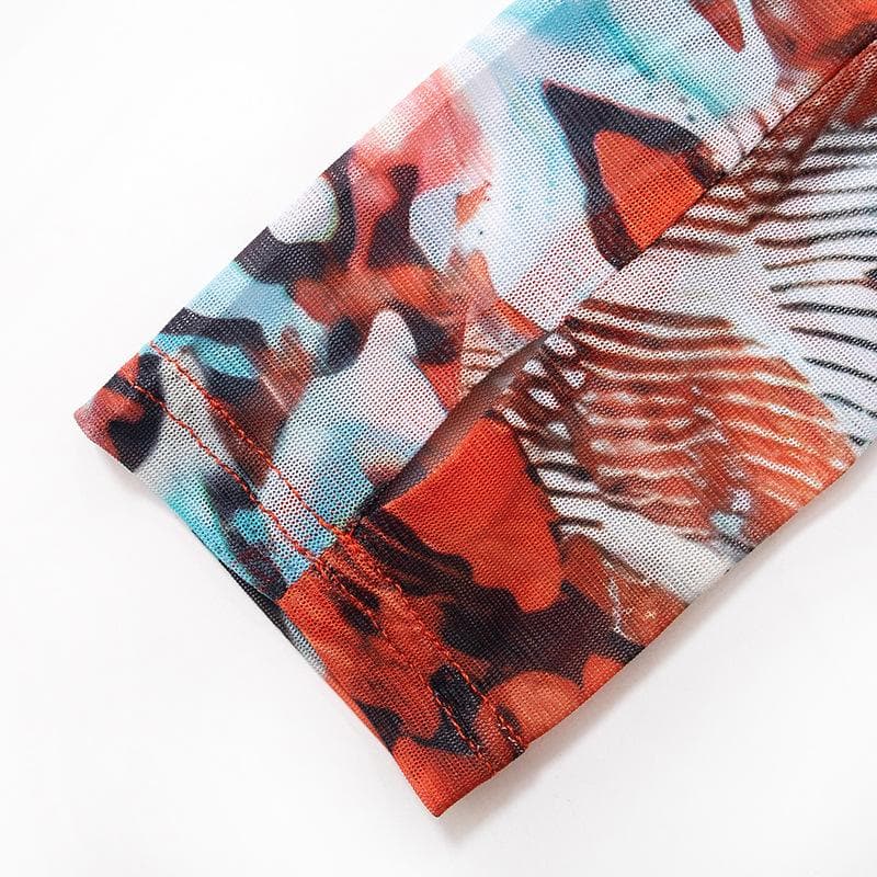 Abstract Print Sheer Mesh Long Sleeve Gloves Contrast Maxi Skirt Set