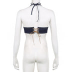 Stitch contrast buckle v neck halter lace up backless denim crop top