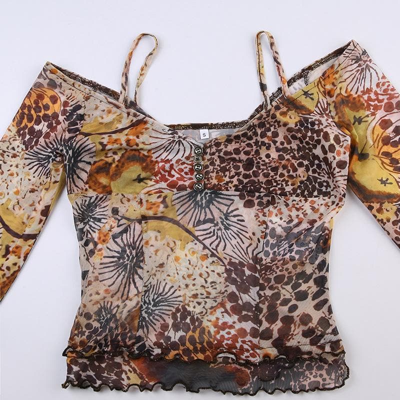 Sheer mesh button off shoulder long sleeve ruffle top