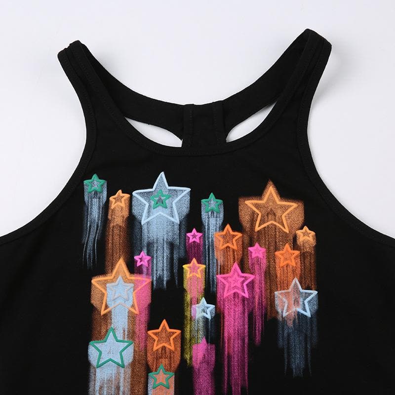 Star pattern sleeveless buckle contrast crop top