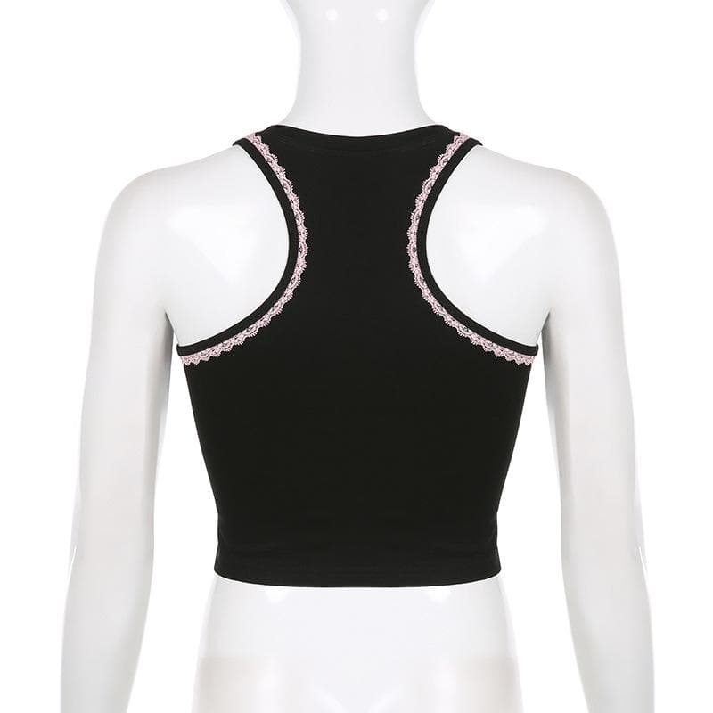 Button "sweetwon" pattern sleeveless lace hem contrast crop top