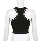 Button "sweetwon" pattern sleeveless lace hem contrast crop top
