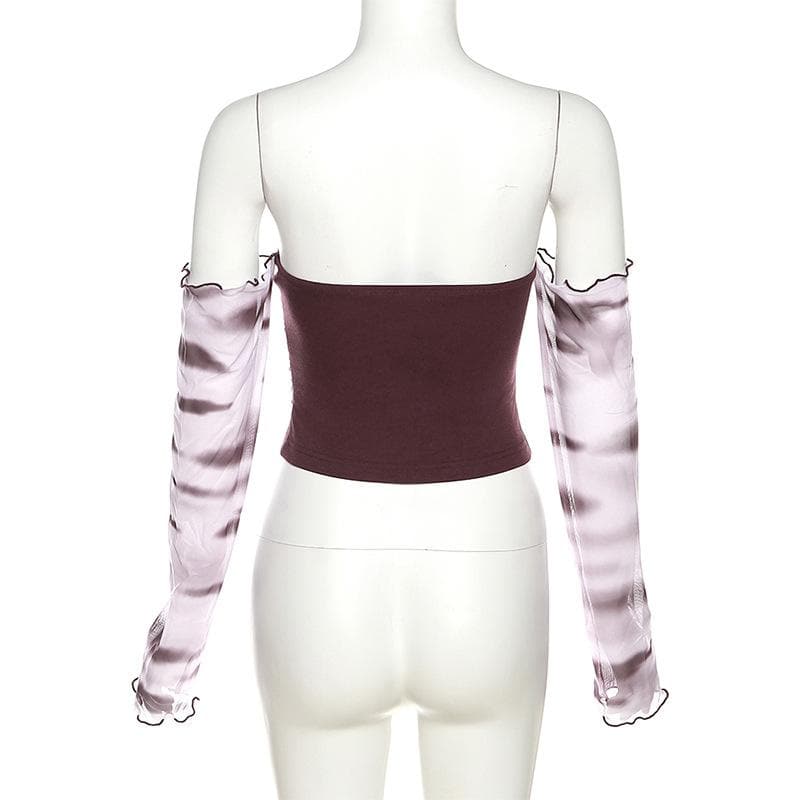 Top a maniche lunghe con volant e spalle scoperte in rete tie-dye arricciato 