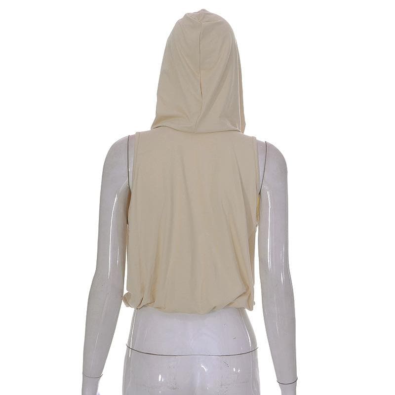 Felpa con cappuccio, collo a cappuccio, senza maniche, coulisse e arricciata. 