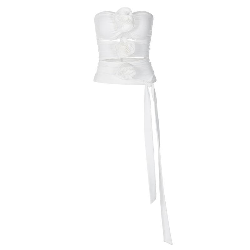 Hollow out solid flower applique ruched backless top