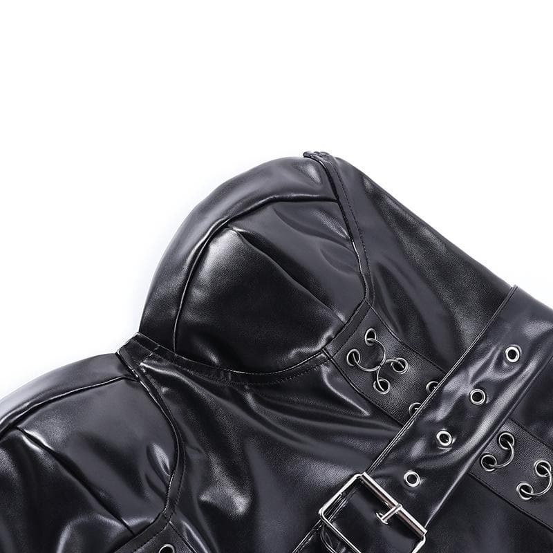 Sweetheart neck backless belt PU leather corset zip-up top