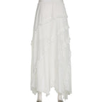 Drawstring ruffle slit irregular solid maxi skirt