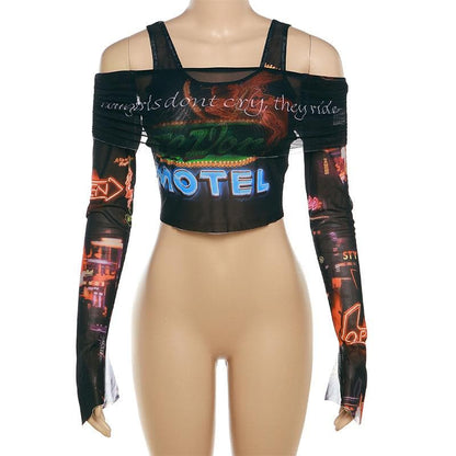 Contrast sheer mesh abstract ruched 2 piece long sleeve crop top