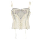 Mesh patchwork ruffle button contrast backless cami crop top