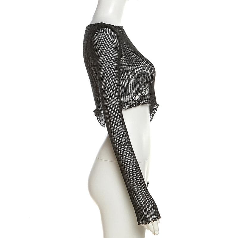 Crochet solid hollow out long sleeve irregular see through crop top
