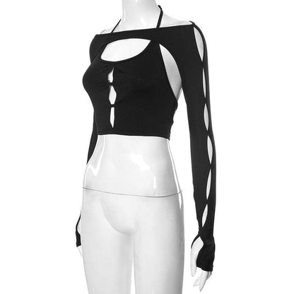 Ausgehöhltes, einfarbiges, langärmliges, selbstbindendes, rückenfreies Bolero-Oberteil mit Handschuhen 