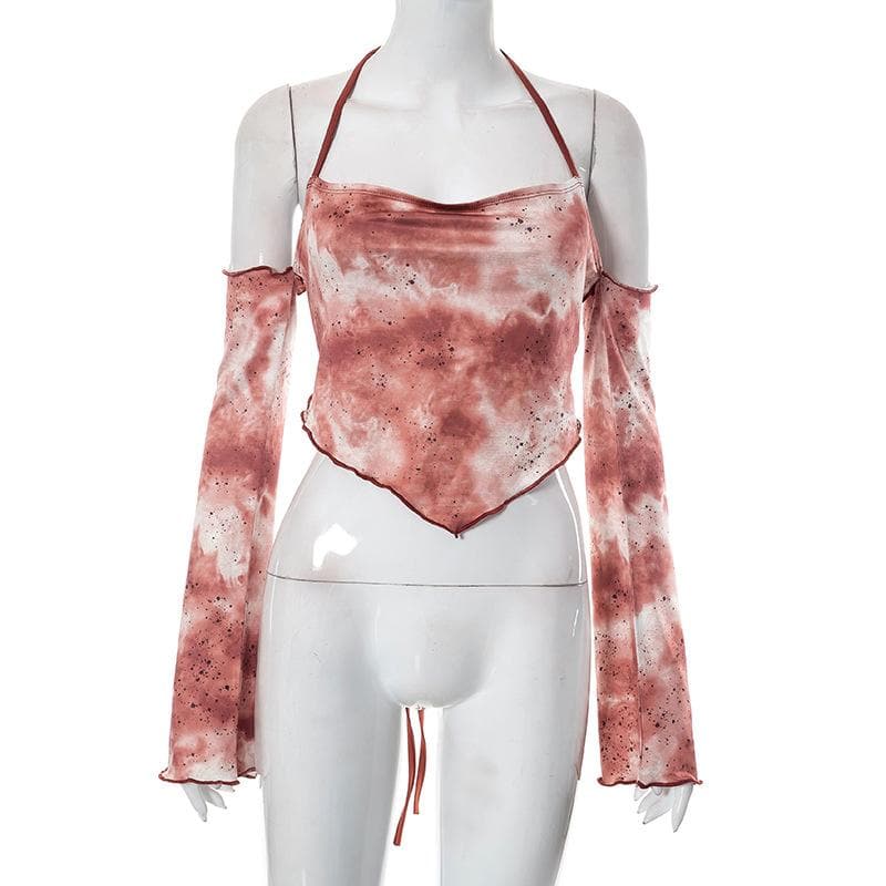 Halter off shoulder self tie ruffle long sleeve backless tie dye top