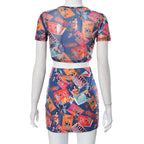 Abstract Print Mesh Short Sleeve Crewneck Contrast Mini Skirt Set