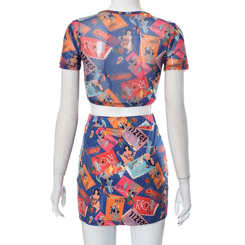 Abstract Print Mesh Short Sleeve Crewneck Contrast Mini Skirt Set