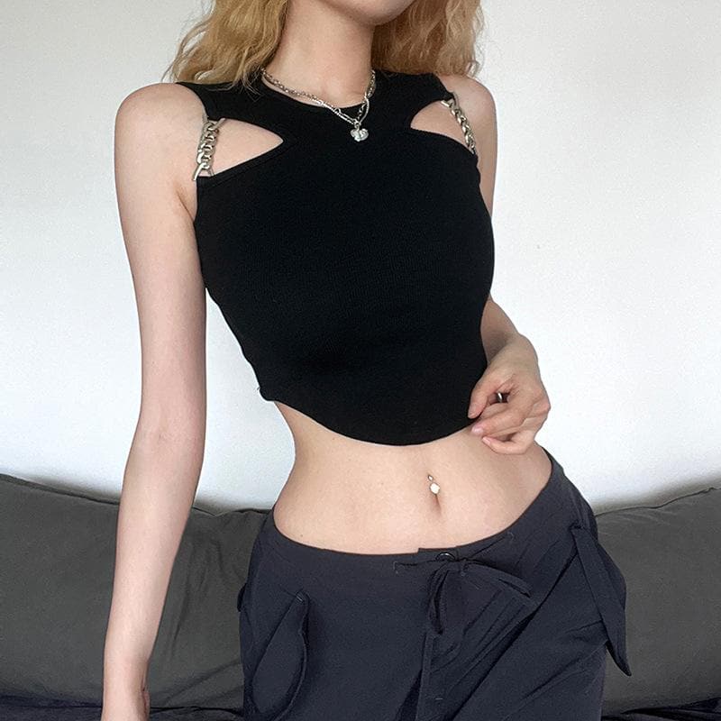 Crewneck sleeveless hollow out metal chain solid crop top