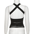 Sleeveless solid hollow out cross front mesh crop top