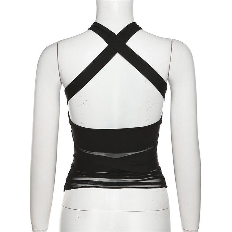 Sleeveless solid hollow out cross front mesh crop top