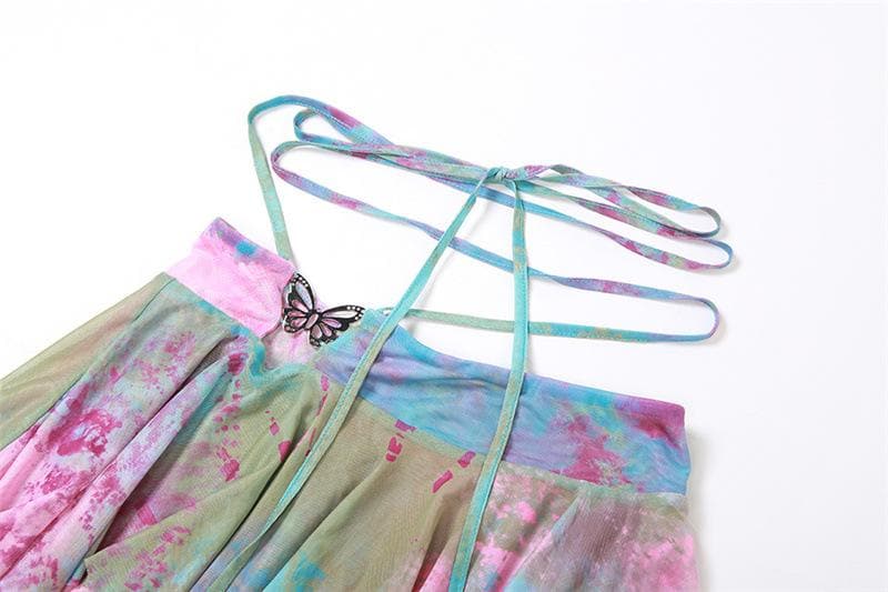 Flared sleeve tie dye o ring self tie halter low cut mini skirt set