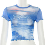 Short sleeve sheer mesh see through ruffle contrast print crop top