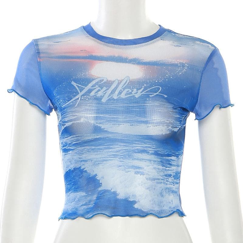 Short sleeve sheer mesh see through ruffle contrast print crop top