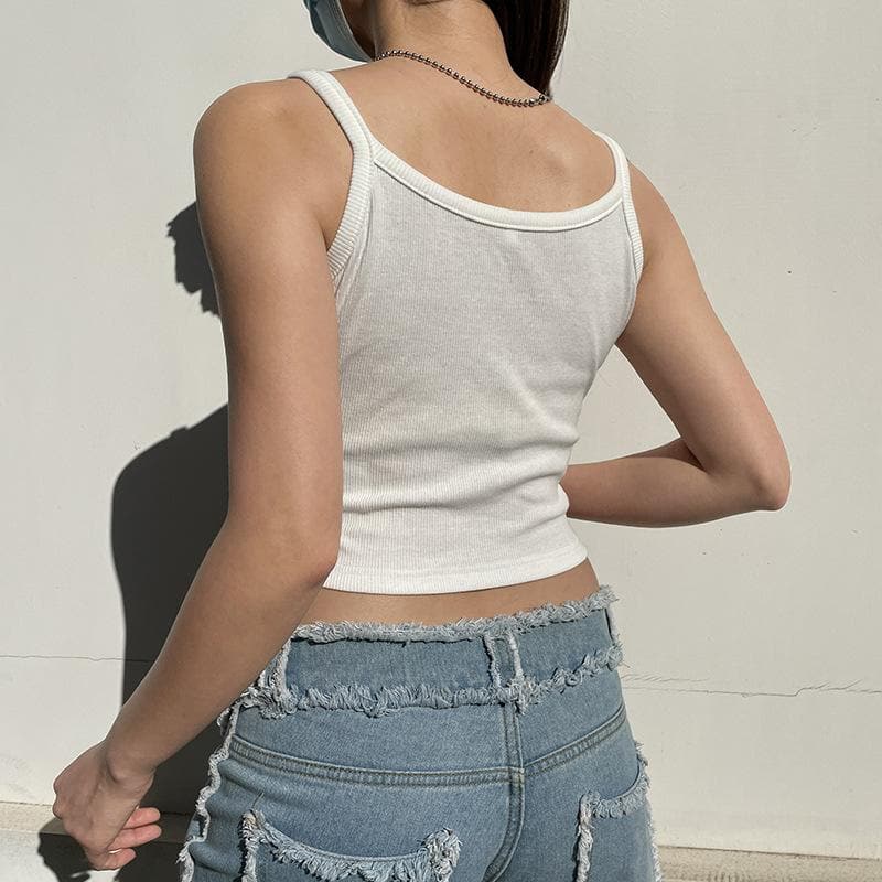 Top corto con canotta a coste e contrasto con orlo in pizzo patchwork a stelle