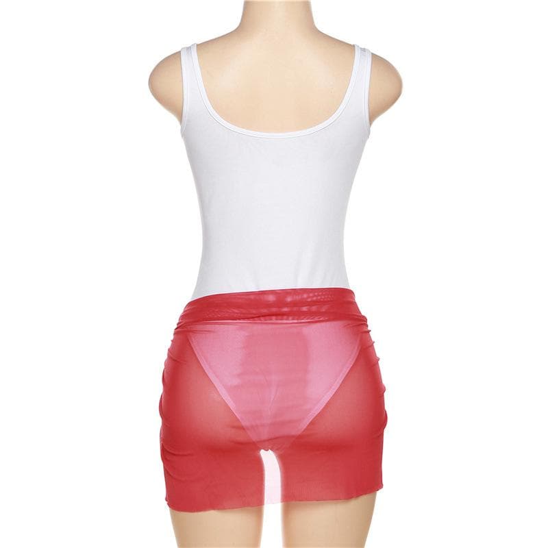 Abstract Contrast Mesh Neck Sleeveless Bodysuit Skirt Set