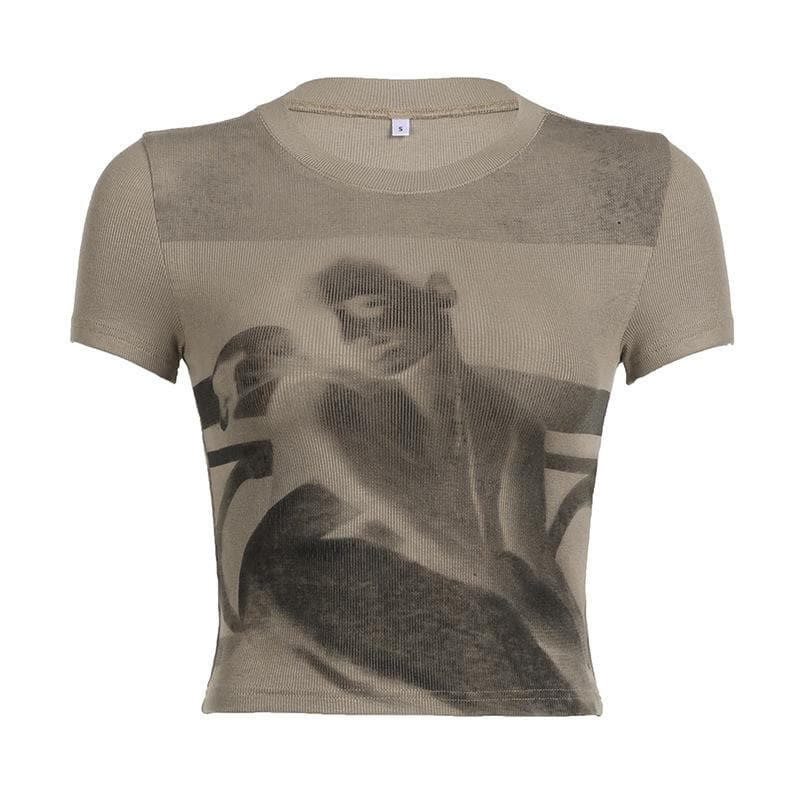 Short sleeve crewneck abstract contrast crop top