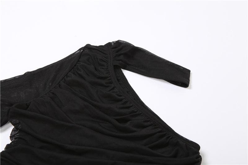 Solid off shoulder sheer mesh see through irregular hollow out crop top