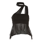 Mesh solid irregular halter slit backless crop top